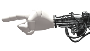 A robot hand pointing a finger. Singularity. Een robothand wijst met zijn wijsvinger. Singulariteit.