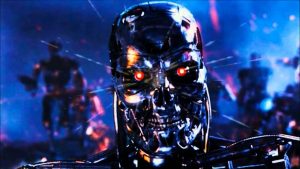 A angry robot with red eyes. Singularity. Een gevaarlijke robot met rode ogen. Singulariteit.