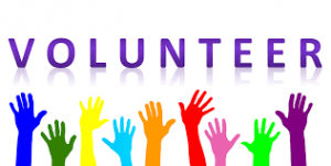 Volunteer, vrijwilligers, handen omhoog. 