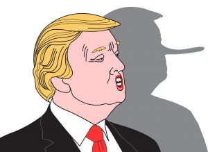 Trump wordt in een parodie als leugenaar afgebeeld, lange neus, Pinokkio