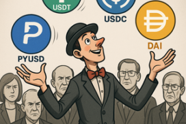Een jongleur jongleert met de stablecoins USDT, USDC, DAI en PYUSD. Op de achtergrond staan kritische toezichthouders van de Fed en de SEC te kijken