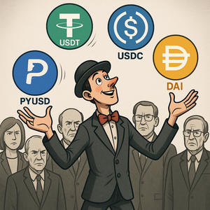 Een jongleur jongleert met de stablecoins USDT, USDC, DAI en PYUSD