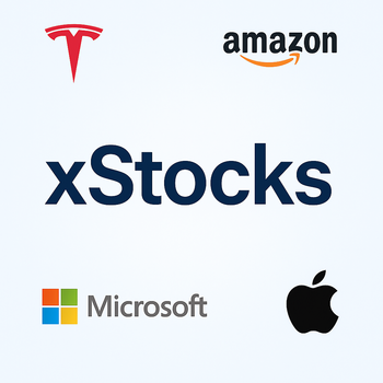 Het woord 'xStocks' met daaromheen de logo's van Tesla, Amazon, Microsoft en Apple