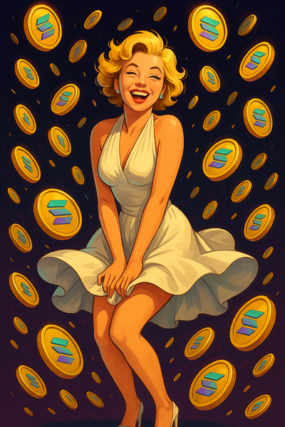 Een vrolijke jonge vrouw in een witte jurk wordt omringd door Solana coins (SOL)