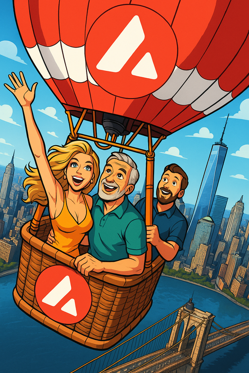 Mensen in een luchtballon met het daarop AVAX logo. Ze hangen boven New York.