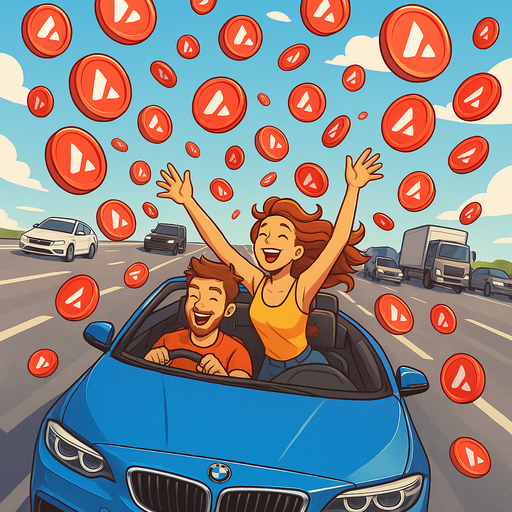Een stel rijdt in een BMW cabrio op de snelweg. Het 'regent' AVAX coins.