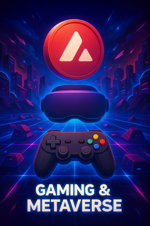 Gaming en metaverse, VR-bril en game console, AVAX coin